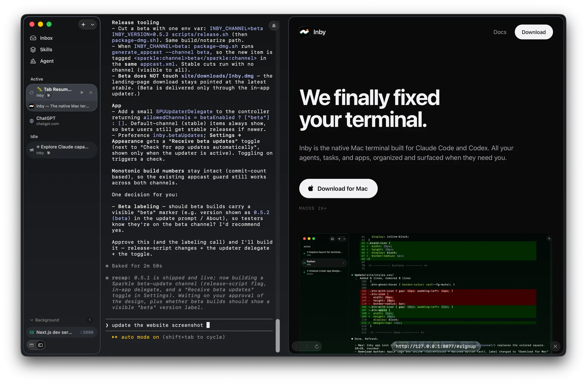 Inby running a triage session next to a document pane — agent output on the left, a spec doc on the right
